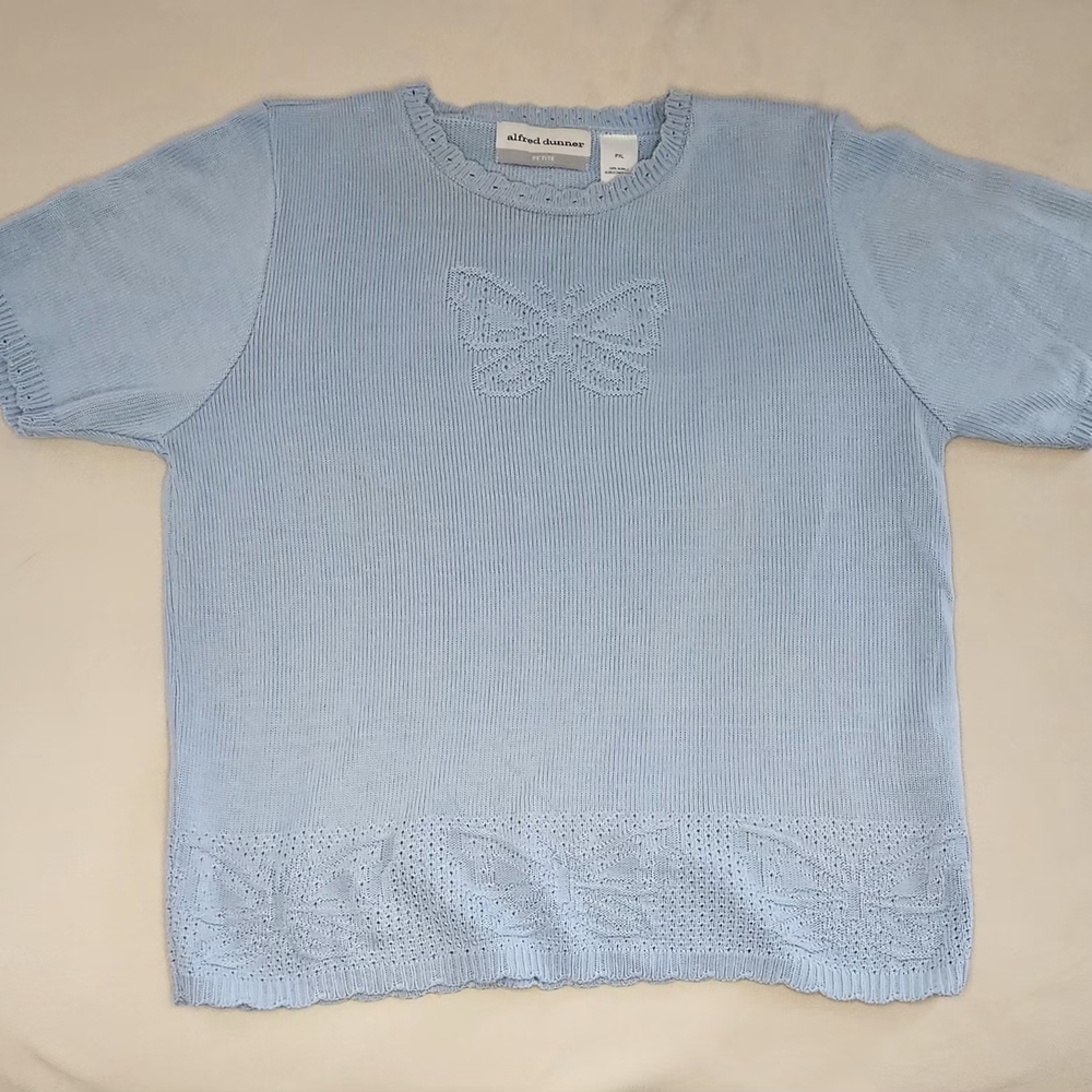 Alfred Dunner Womens Size Petite XL Light Blue Butterfly Short Sleeve Sweater